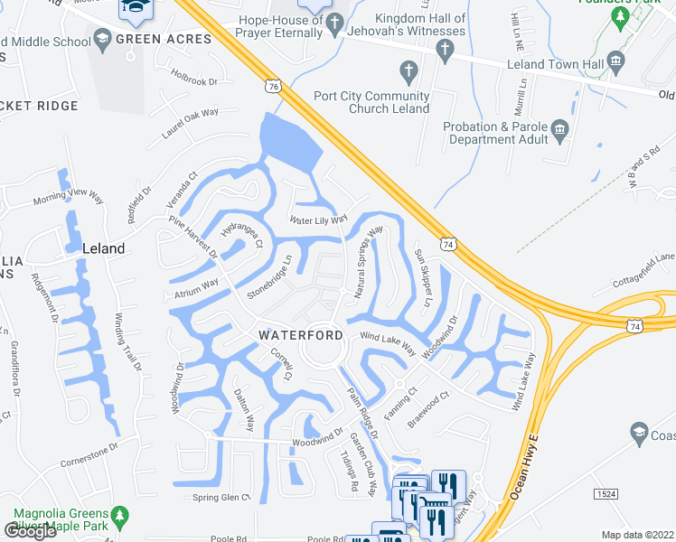 map of restaurants, bars, coffee shops, grocery stores, and more near 1017 North Sanderling Drive in Leland