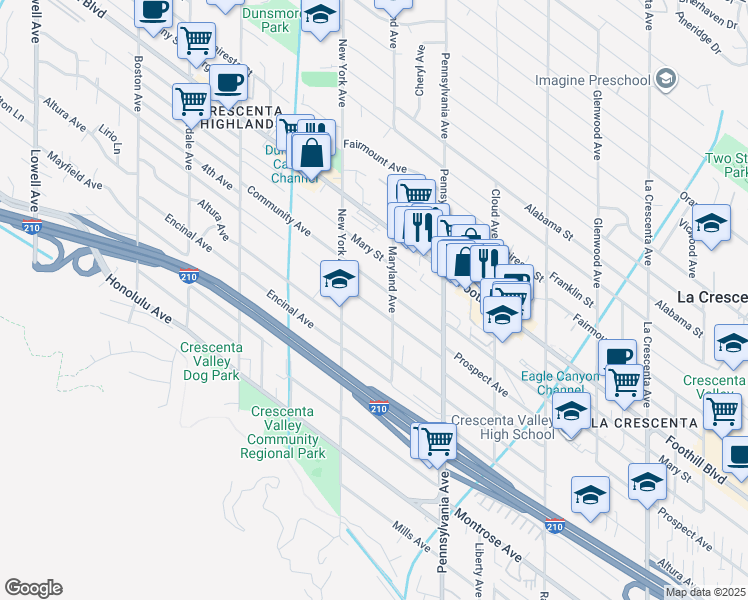 map of restaurants, bars, coffee shops, grocery stores, and more near 3302 Community Avenue in Glendale