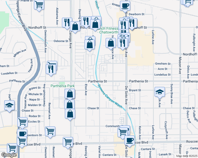 map of restaurants, bars, coffee shops, grocery stores, and more near 8719 Variel Avenue in Los Angeles