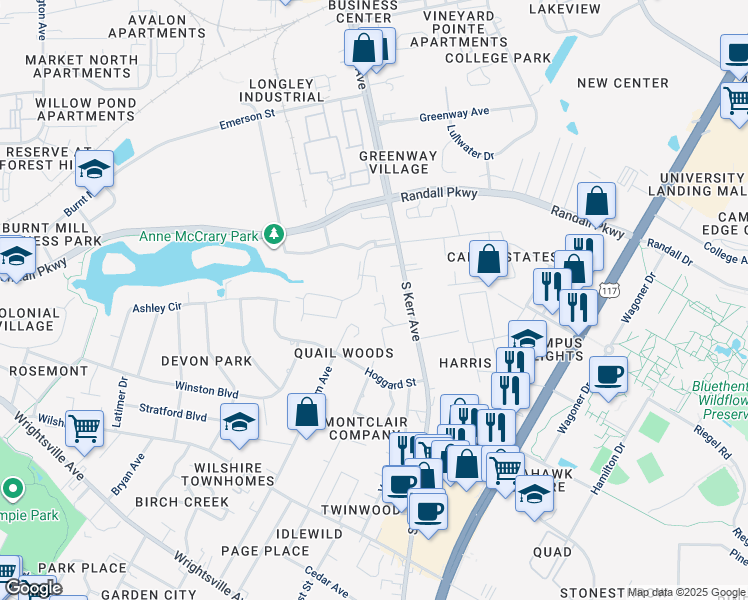map of restaurants, bars, coffee shops, grocery stores, and more near 522 South Kerr Avenue in Wilmington