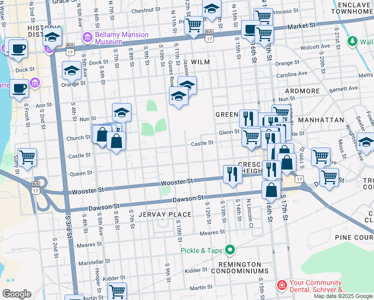 map of restaurants, bars, coffee shops, grocery stores, and more near in Wilmington