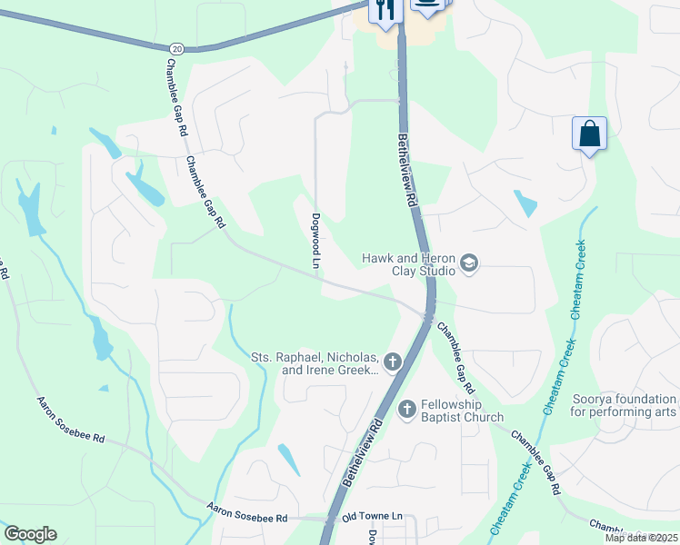 map of restaurants, bars, coffee shops, grocery stores, and more near 3142 Chamblee Gap Road in Cumming