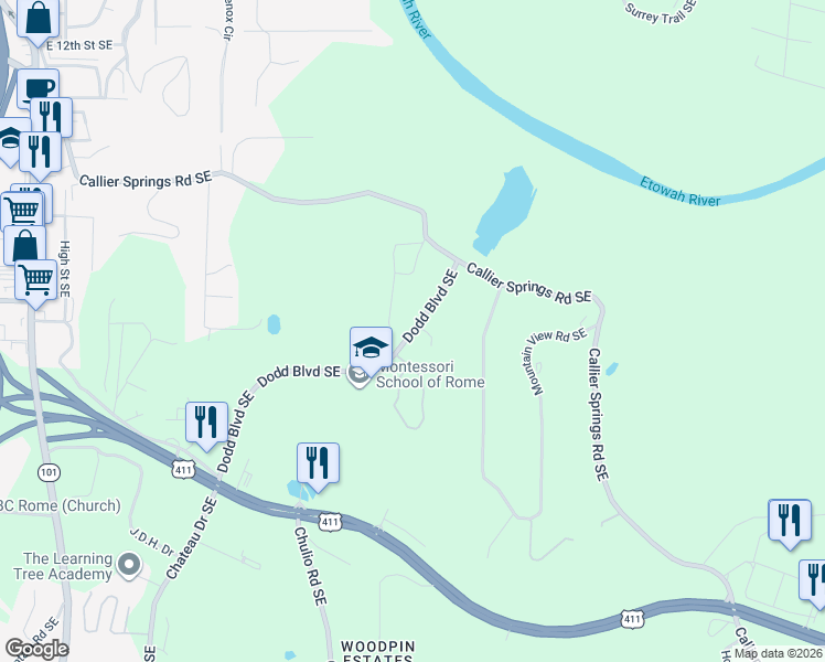 map of restaurants, bars, coffee shops, grocery stores, and more near 83 Dodd Boulevard Southeast in Rome