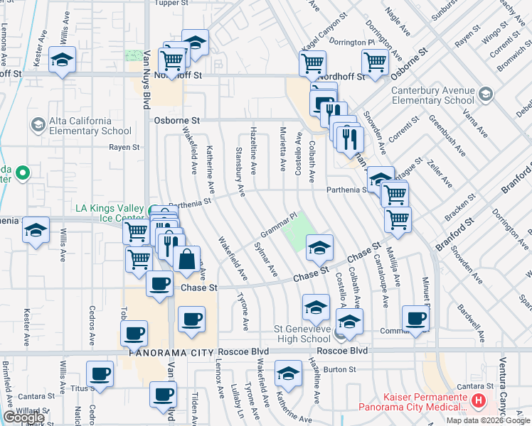 map of restaurants, bars, coffee shops, grocery stores, and more near 8727 Hazeltine Avenue in Los Angeles