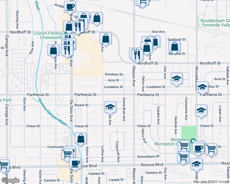 map of restaurants, bars, coffee shops, grocery stores, and more near 20613 Parthenia St in Los Angeles