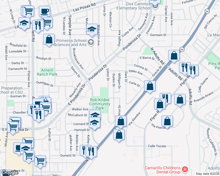 map of restaurants, bars, coffee shops, grocery stores, and more near 1108 Eston Street in Camarillo