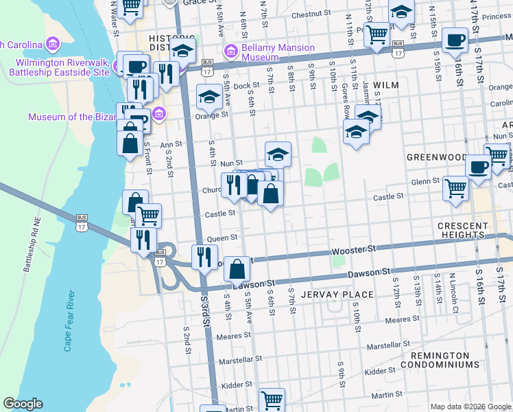 map of restaurants, bars, coffee shops, grocery stores, and more near 545 Castle Street in Wilmington