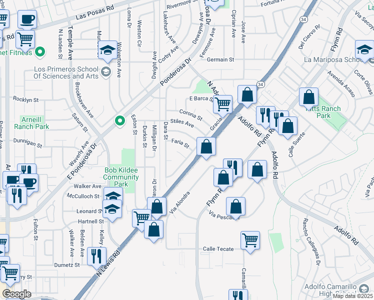 map of restaurants, bars, coffee shops, grocery stores, and more near 3550 Faria St in Camarillo