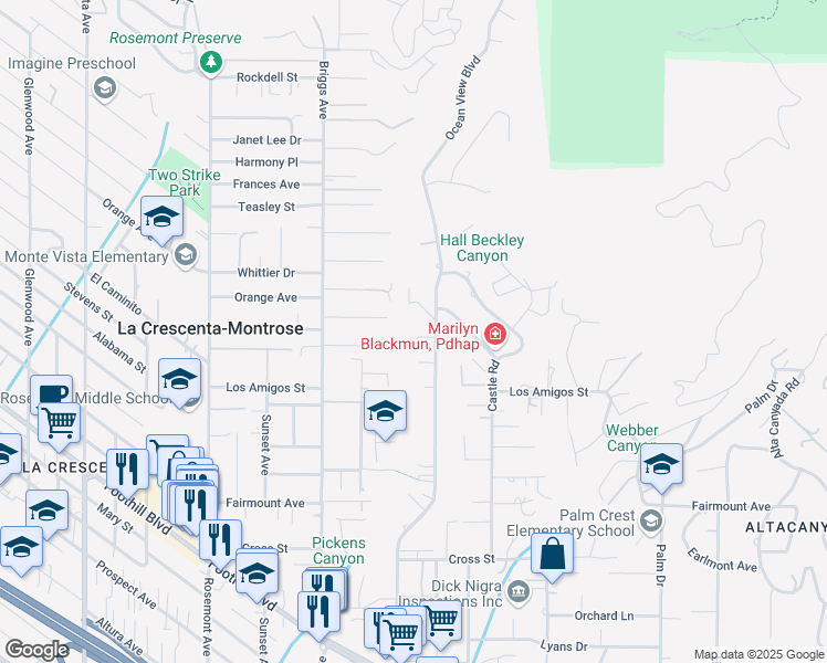 map of restaurants, bars, coffee shops, grocery stores, and more near 2271 Laughlin Street in La Cañada Flintridge
