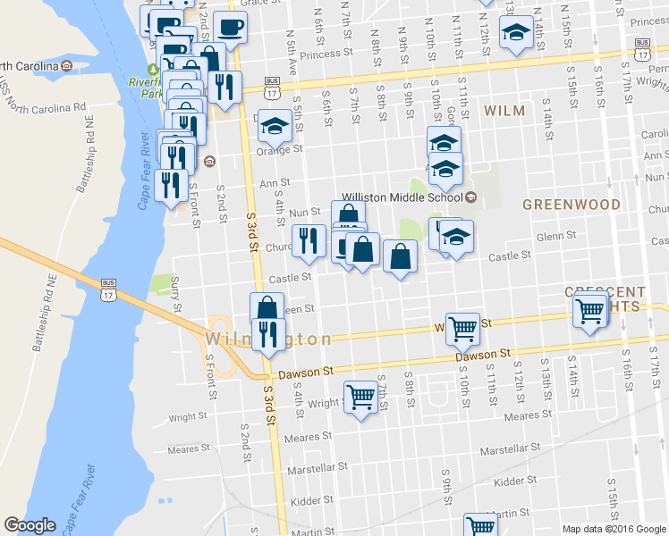 map of restaurants, bars, coffee shops, grocery stores, and more near 517 Castle St in Wilmington