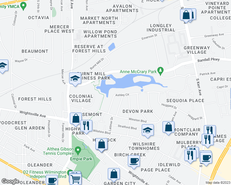 map of restaurants, bars, coffee shops, grocery stores, and more near 3403 Ashley Circle in Wilmington