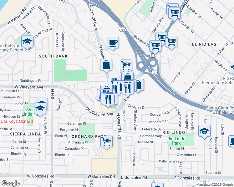 map of restaurants, bars, coffee shops, grocery stores, and more near 2303 East Vineyard Avenue in Oxnard