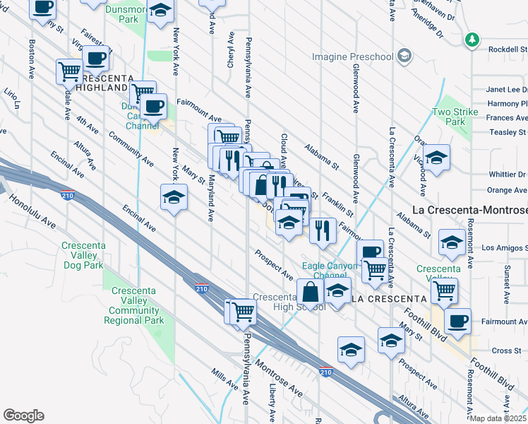 map of restaurants, bars, coffee shops, grocery stores, and more near in La Crescenta-Montrose