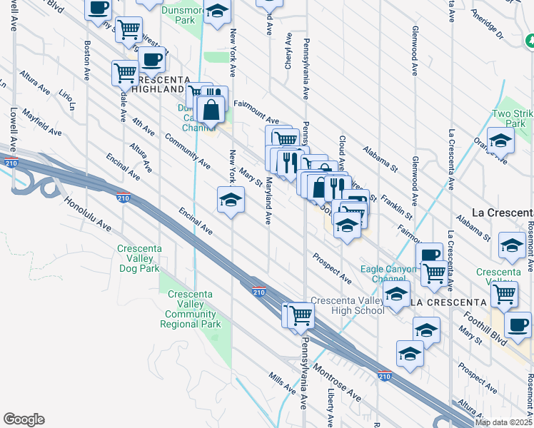 map of restaurants, bars, coffee shops, grocery stores, and more near 3302 Community Avenue in Glendale