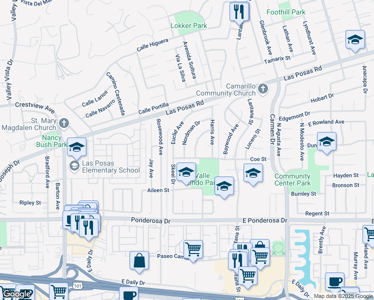 map of restaurants, bars, coffee shops, grocery stores, and more near 1086 Nordman Drive in Camarillo