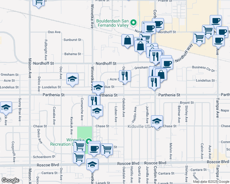 map of restaurants, bars, coffee shops, grocery stores, and more near 19937 Parthenia Street in Los Angeles