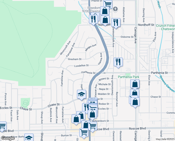 map of restaurants, bars, coffee shops, grocery stores, and more near 22013 Parthenia Street in Los Angeles