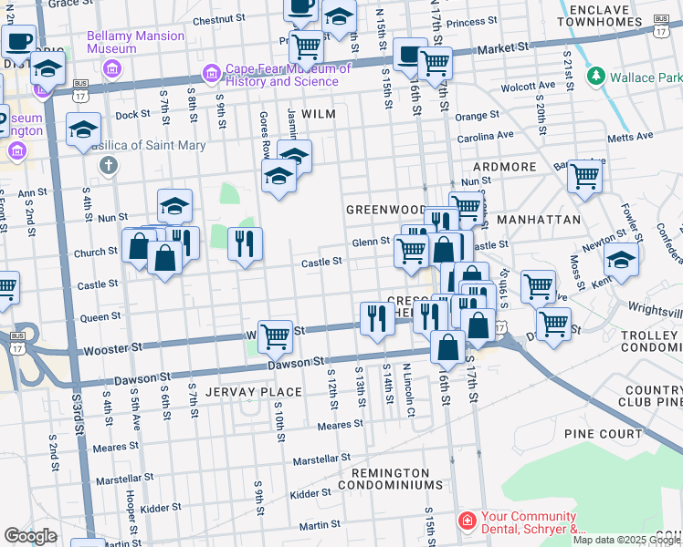 map of restaurants, bars, coffee shops, grocery stores, and more near 608 South 13th Street in Wilmington