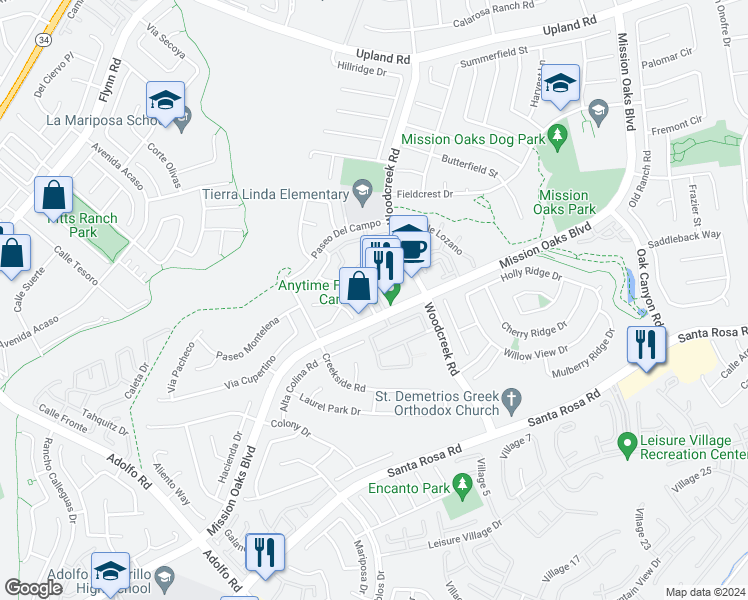 map of restaurants, bars, coffee shops, grocery stores, and more near 1112 Via Carranza in Camarillo