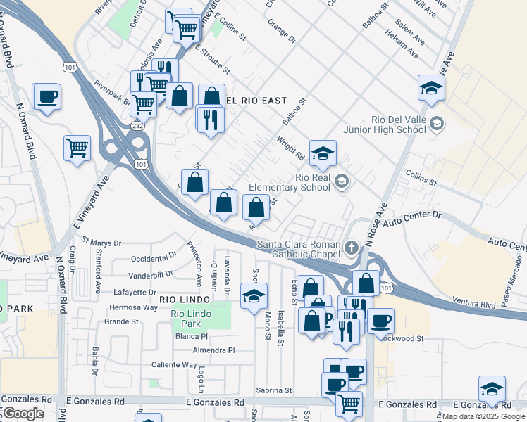 map of restaurants, bars, coffee shops, grocery stores, and more near 2509 Alvarado Street in Oxnard
