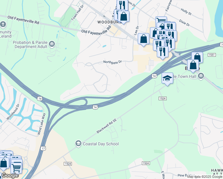 map of restaurants, bars, coffee shops, grocery stores, and more near 2419 Red Maple Creek in Leland