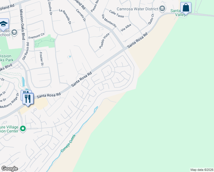 map of restaurants, bars, coffee shops, grocery stores, and more near 40221 Village 40 in Camarillo