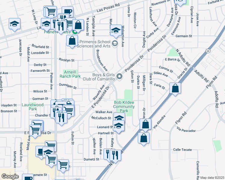 map of restaurants, bars, coffee shops, grocery stores, and more near 1252 Via Montoya in Camarillo