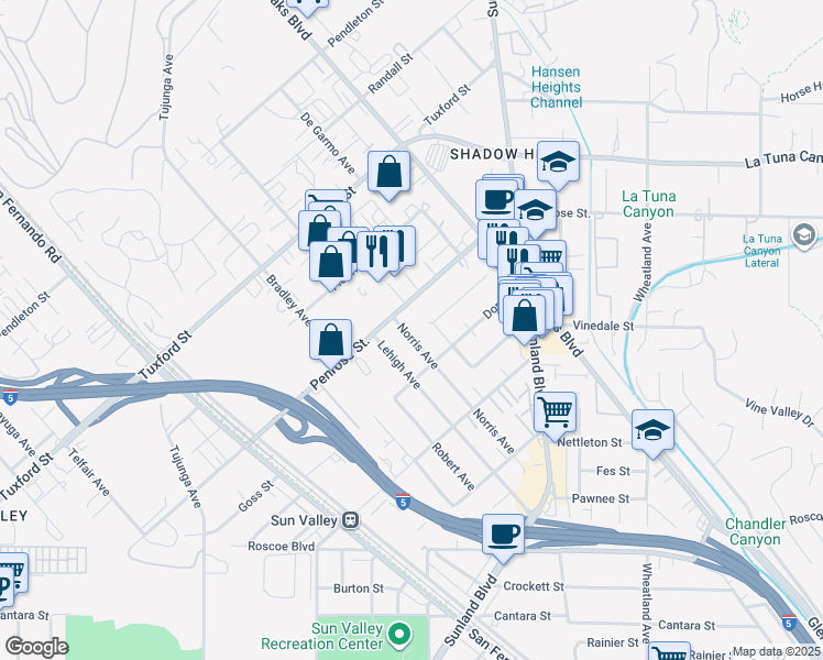map of restaurants, bars, coffee shops, grocery stores, and more near 8770 Norris Avenue in Los Angeles