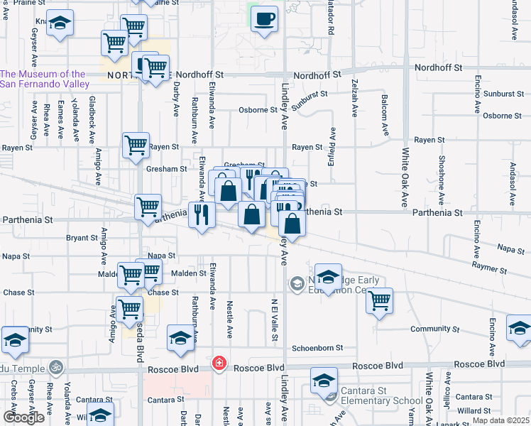 map of restaurants, bars, coffee shops, grocery stores, and more near 18122 Parthenia Street in Los Angeles