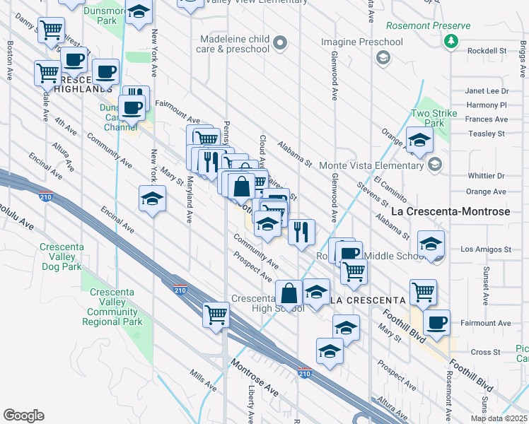 map of restaurants, bars, coffee shops, grocery stores, and more near 3075 Foothill Boulevard in La Crescenta-Montrose