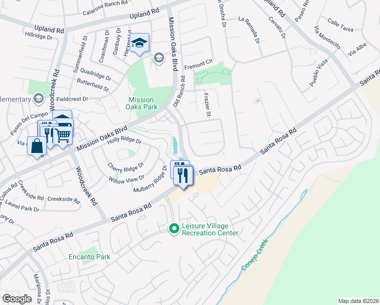 map of restaurants, bars, coffee shops, grocery stores, and more near 1133 Old Ranch Road in Camarillo
