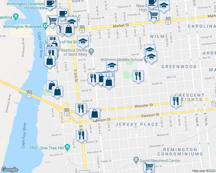 map of restaurants, bars, coffee shops, grocery stores, and more near 607 Castle Street in Wilmington
