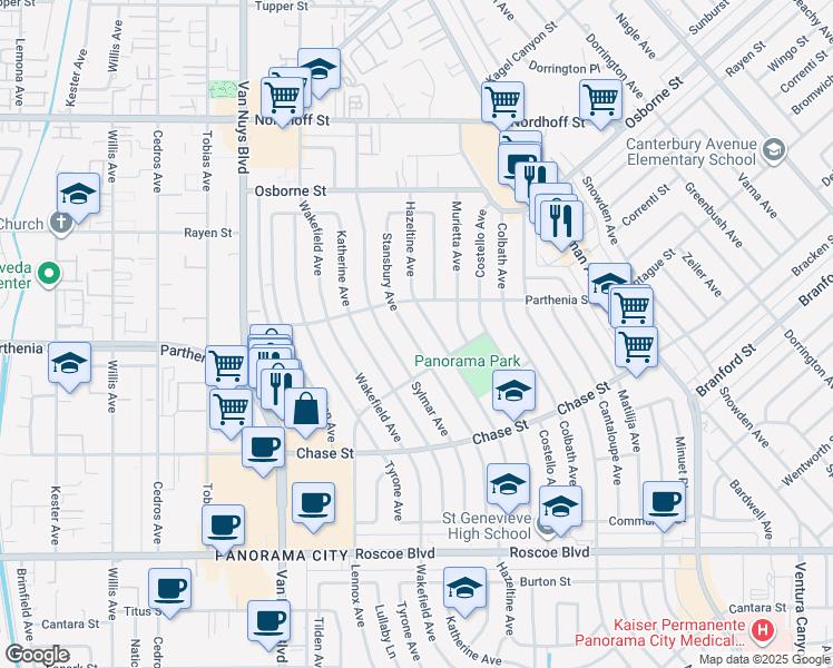 map of restaurants, bars, coffee shops, grocery stores, and more near 8718 Stansbury Avenue in Los Angeles