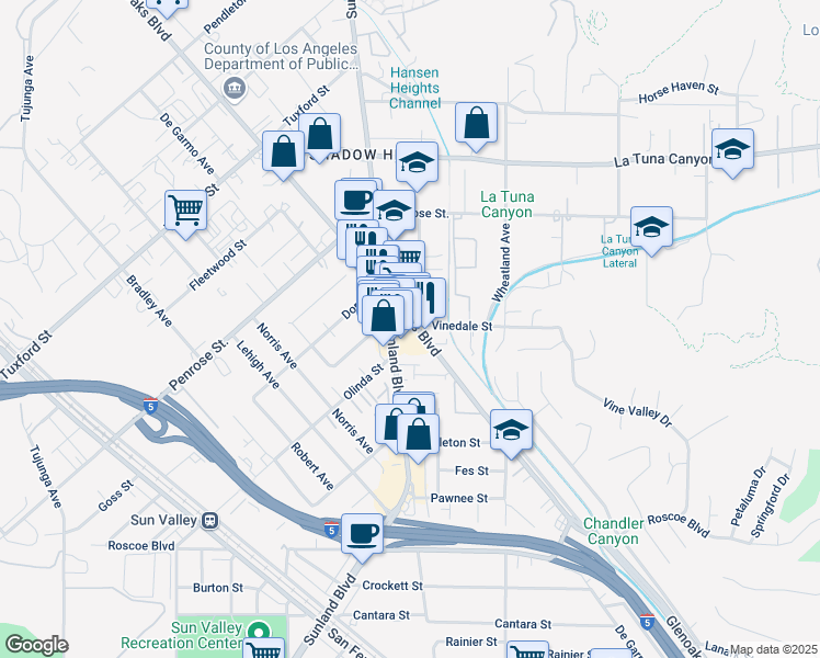 map of restaurants, bars, coffee shops, grocery stores, and more near 8759 Glenoaks Boulevard in Los Angeles