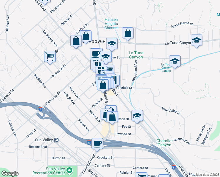 map of restaurants, bars, coffee shops, grocery stores, and more near 8759 Glenoaks Boulevard in Los Angeles