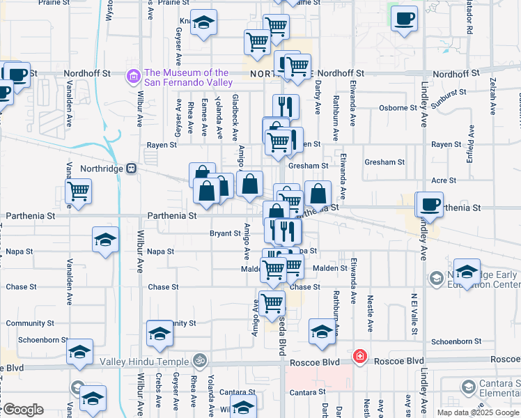 map of restaurants, bars, coffee shops, grocery stores, and more near 18537 Parthenia Street in Los Angeles