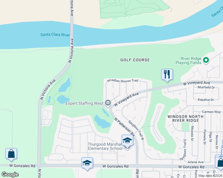 map of restaurants, bars, coffee shops, grocery stores, and more near 2321 Fairway Court in Oxnard