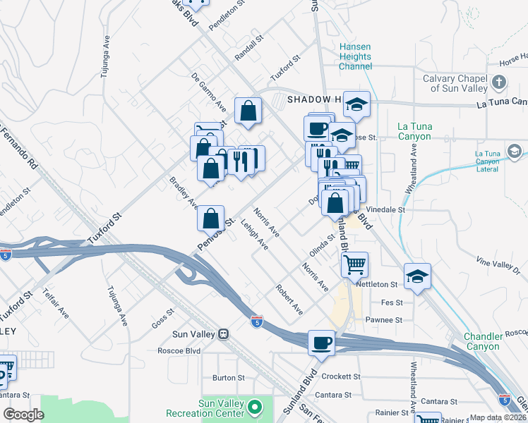 map of restaurants, bars, coffee shops, grocery stores, and more near 8770 Norris Avenue in Los Angeles
