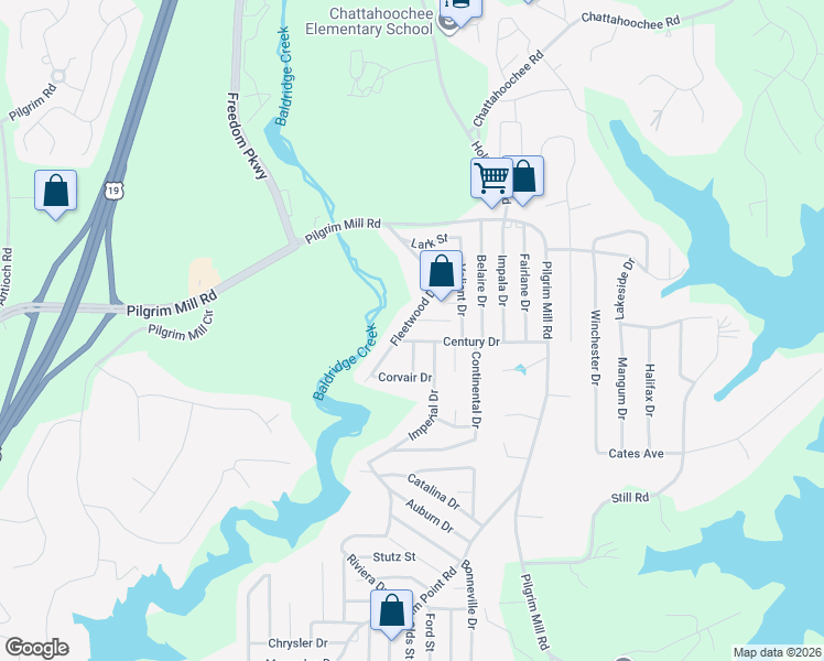 map of restaurants, bars, coffee shops, grocery stores, and more near 2555 Fleetwood Dr in Cumming