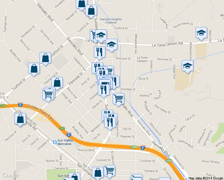 map of restaurants, bars, coffee shops, grocery stores, and more near 8742 Glenoaks Boulevard in Los Angeles