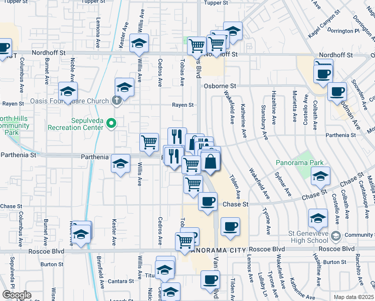 map of restaurants, bars, coffee shops, grocery stores, and more near 8737 Van Nuys in Los Angeles