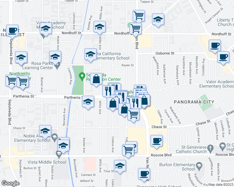 map of restaurants, bars, coffee shops, grocery stores, and more near 14695 Parthenia Street in Los Angeles