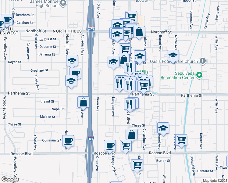 map of restaurants, bars, coffee shops, grocery stores, and more near 8711 Langdon Avenue in Los Angeles