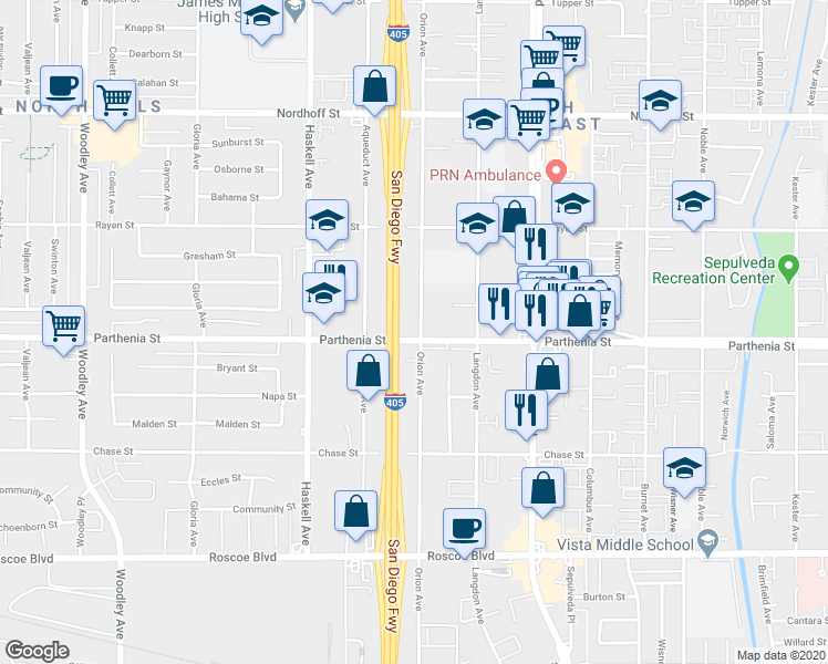 map of restaurants, bars, coffee shops, grocery stores, and more near 15611 Parthenia Street in Los Angeles