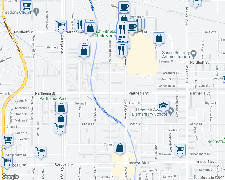 map of restaurants, bars, coffee shops, grocery stores, and more near in Los Angeles