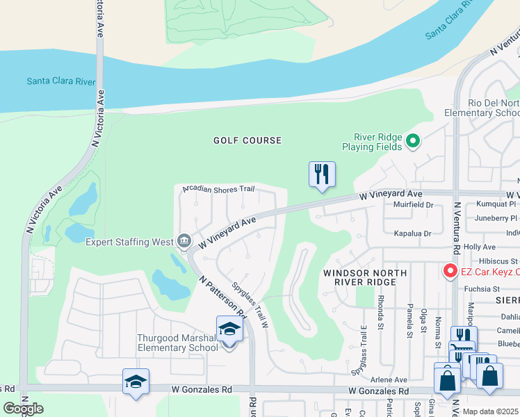 map of restaurants, bars, coffee shops, grocery stores, and more near 2300 Bayhill Court in Oxnard