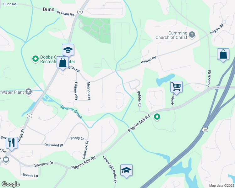 map of restaurants, bars, coffee shops, grocery stores, and more near 1641 Brookmere Way in Cumming