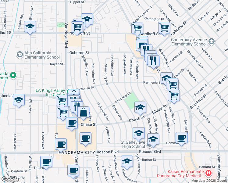 map of restaurants, bars, coffee shops, grocery stores, and more near 8727 Hazeltine Avenue in Los Angeles