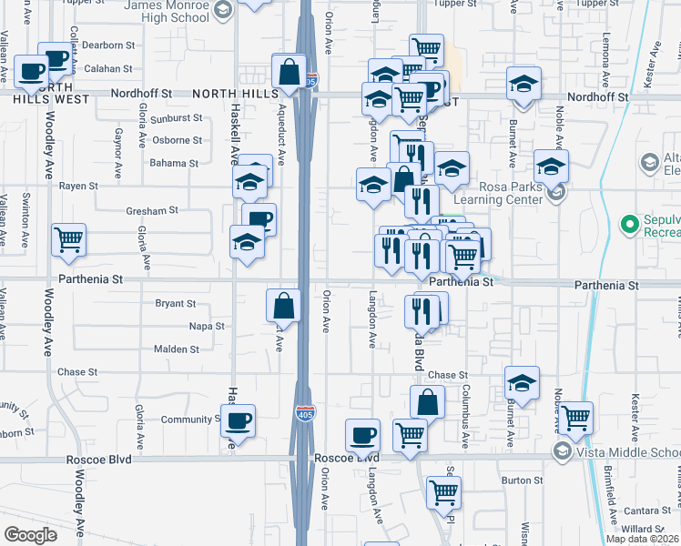 map of restaurants, bars, coffee shops, grocery stores, and more near 15555 Parthenia Street in Los Angeles