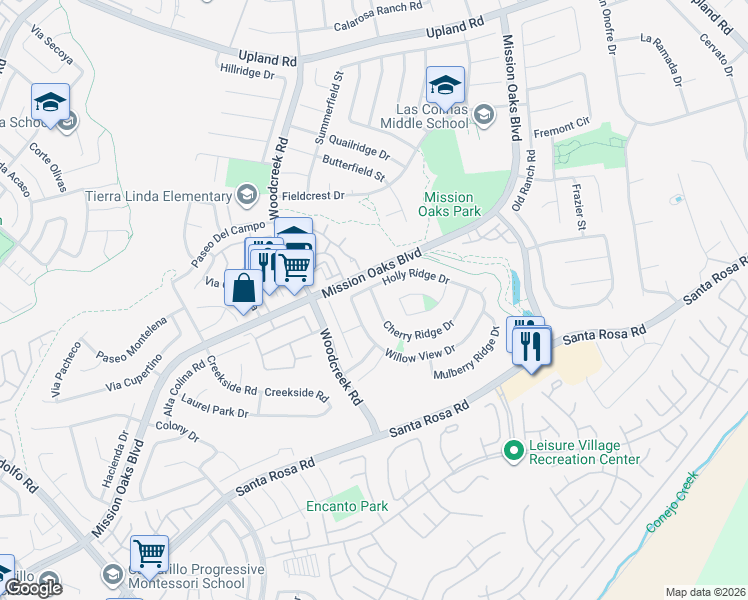 map of restaurants, bars, coffee shops, grocery stores, and more near 5311 Willow View Drive in Camarillo